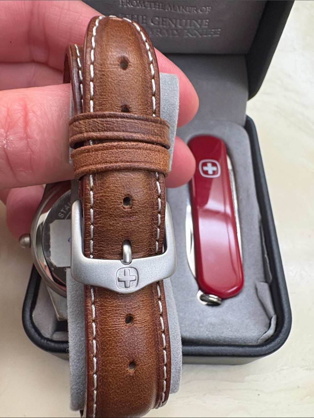 Wenger Black Dial Watch with Brown Leather Strap and Red Accents - Picture 3 of 4